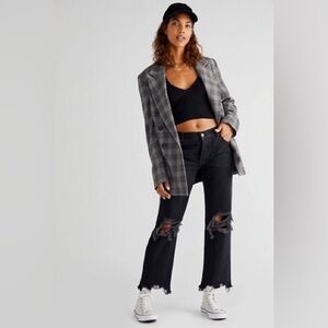 Free People We the Free Maggie Straight Jean in Black Button Fly Destroyed Knees